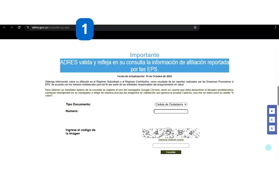 Captura de pantalla del paso 1 para consultar la EPS en ADRES, mostrando la URL oficial adres.gov.co/consulte-su-eps en el navegador, con el formulario de consulta de afiliación visible y el aviso importante sobre la información reportada por las EPS.