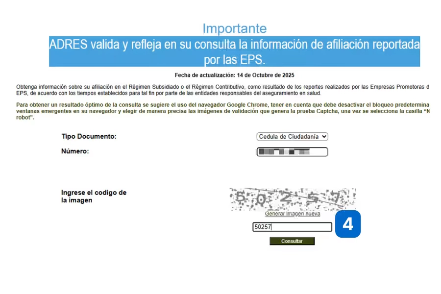 Captura de pantalla del paso 4 del proceso de consulta en ADRES, mostrando el campo donde se debe ingresar el código captcha de verificación de seguridad con los números de la imagen, junto al campo del número de cédula ya diligenciado.