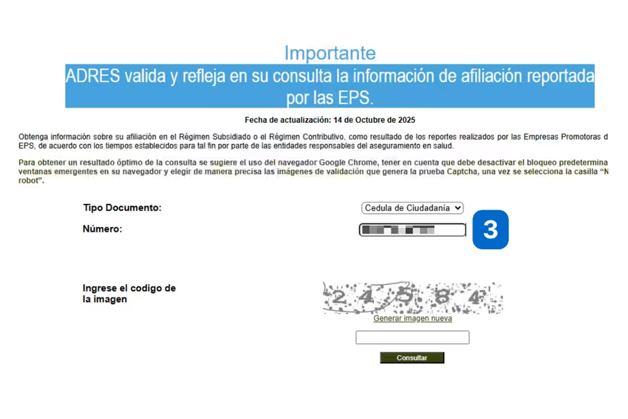 Captura de pantalla del paso 3 del proceso de consulta en ADRES, mostrando el campo Número donde se debe ingresar el número de cédula de ciudadanía para realizar la consulta de afiliación a la EPS en el sistema de seguridad social en salud.