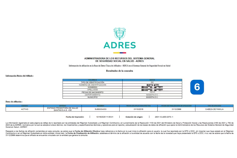 Captura de pantalla del paso 6 mostrando los resultados de la consulta de afiliación en el portal ADRES, con la información básica del afiliado como tipo de identificación, nombres, apellidos, fecha de nacimiento, municipio Bogotá, y los datos de afiliación que incluyen estado activo, entidad promotora de salud Sanitas, régimen subsidiado, fecha de afiliación efectiva y tipo de afiliado cabeza de familia.