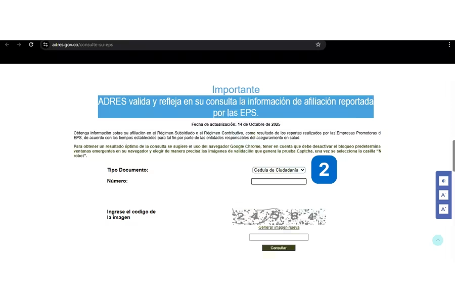 Captura de pantalla del paso 2 del proceso de consulta en ADRES, mostrando el menú desplegable Tipo Documento con la opción Cédula de Ciudadanía seleccionada, como primer campo a diligenciar en el formulario del portal adres.gov.co para consultar la afiliación a la EPS.