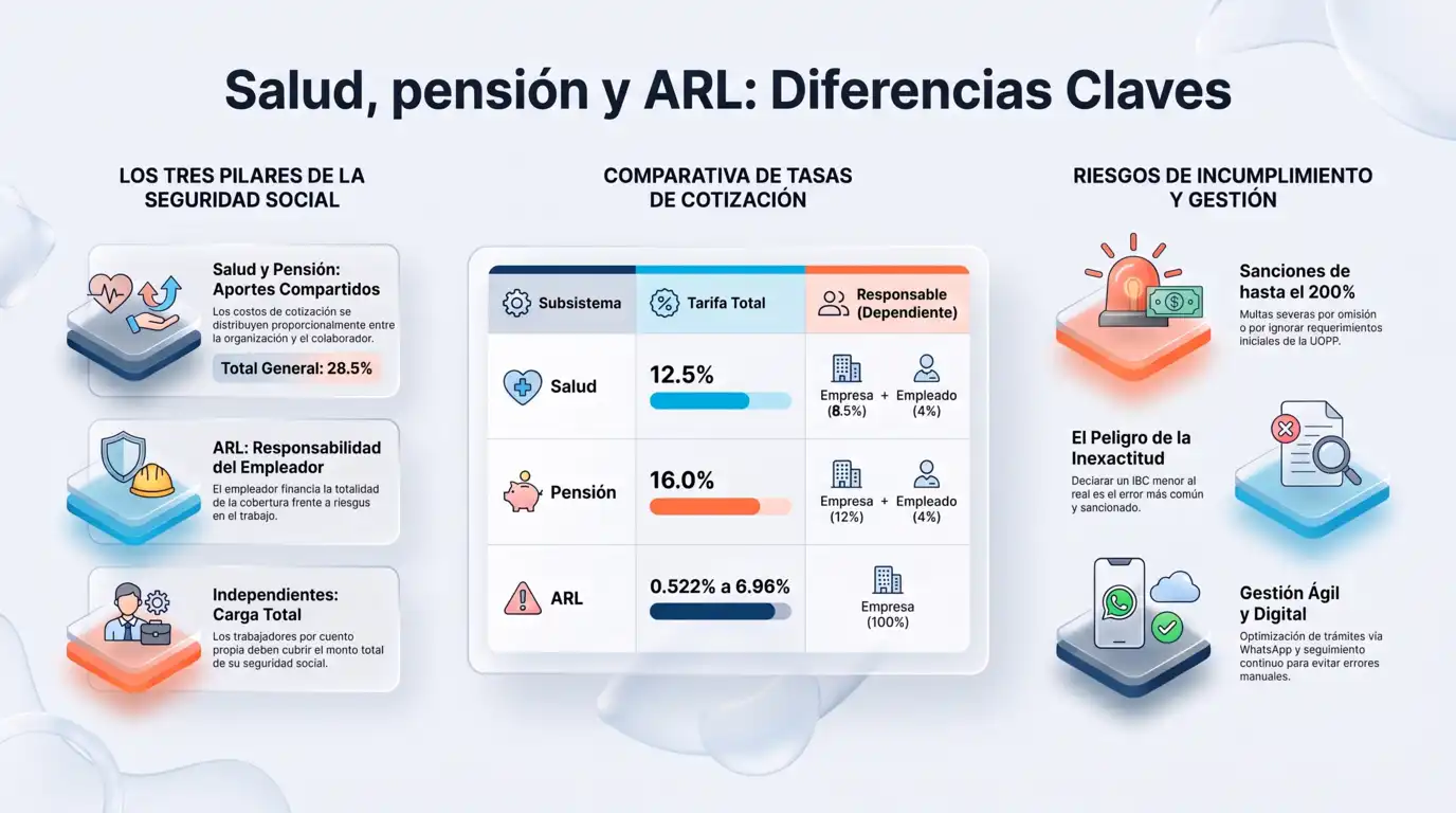 Infografía comparativa que muestra las diferencias clave entre salud, pensión y ARL en Colombia, incluyendo las tasas de cotización de cada subsistema y los riesgos de incumplimiento en los aportes.