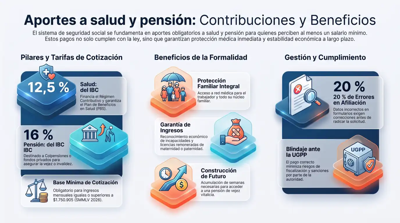 Infografía sobre los aportes a salud y pensión en Colombia, mostrando las tarifas de cotización, los beneficios de la formalidad laboral y los aspectos clave de gestión y cumplimiento frente a la UGPP.