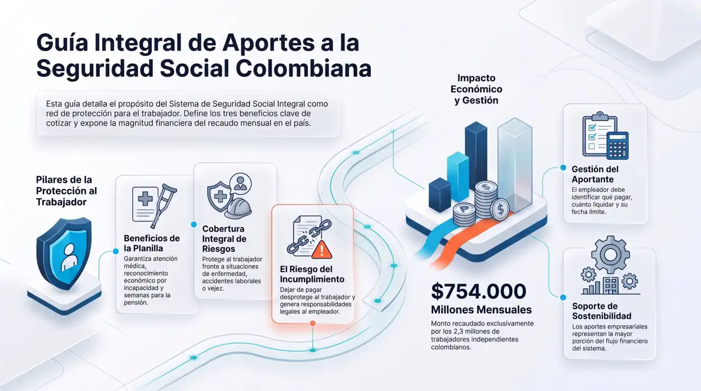 Infografía tipo guía integral sobre los aportes a la seguridad social en Colombia, con los pilares de protección al trabajador, el impacto económico y la gestión del sistema, incluyendo el dato del recaudo mensual.