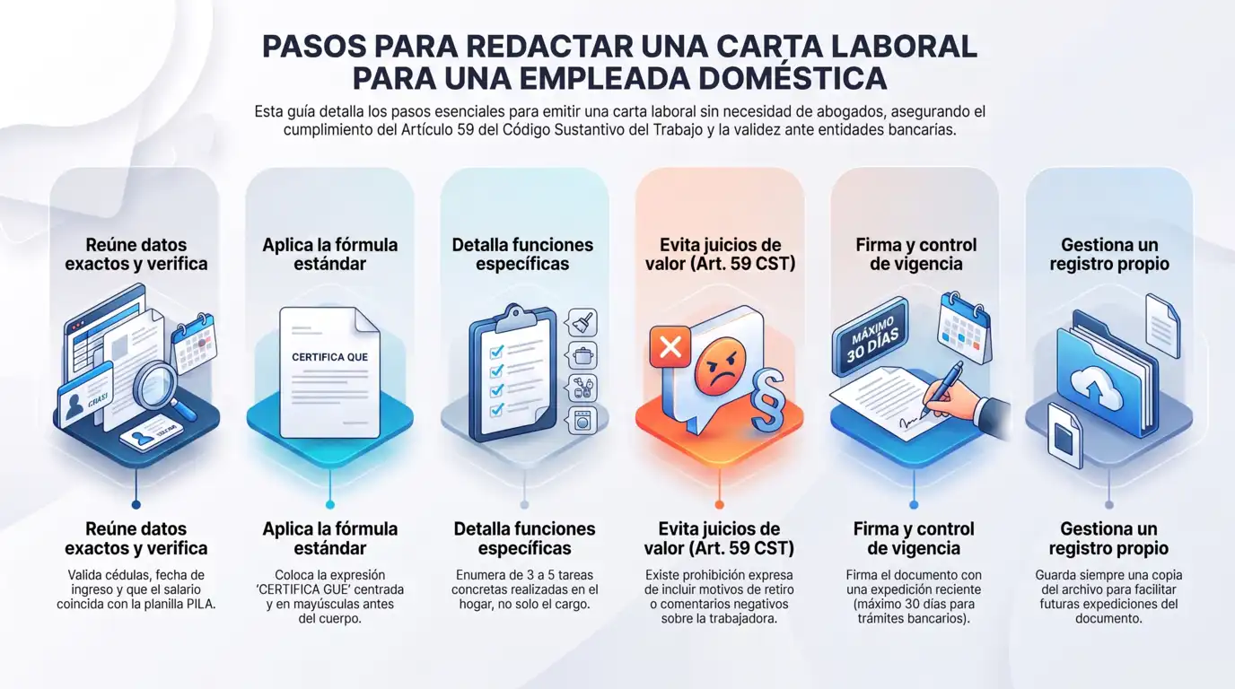Infografía que muestra los seis pasos para redactar una carta laboral para empleada doméstica en Colombia: reunir datos, aplicar la fórmula estándar, detallar funciones, evitar juicios de valor, firmar y gestionar el registro.