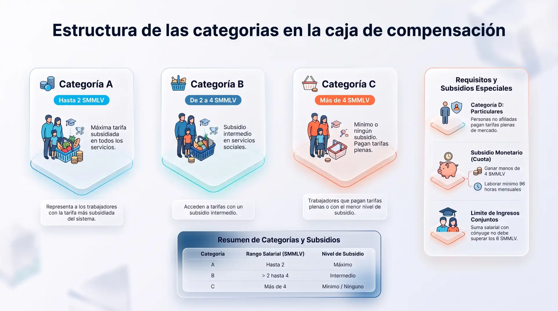 Infografía sobre la estructura de las categorías de la caja de compensación A, B, C y D, con sus rangos salariales, niveles de subsidio, requisitos y beneficios especiales.