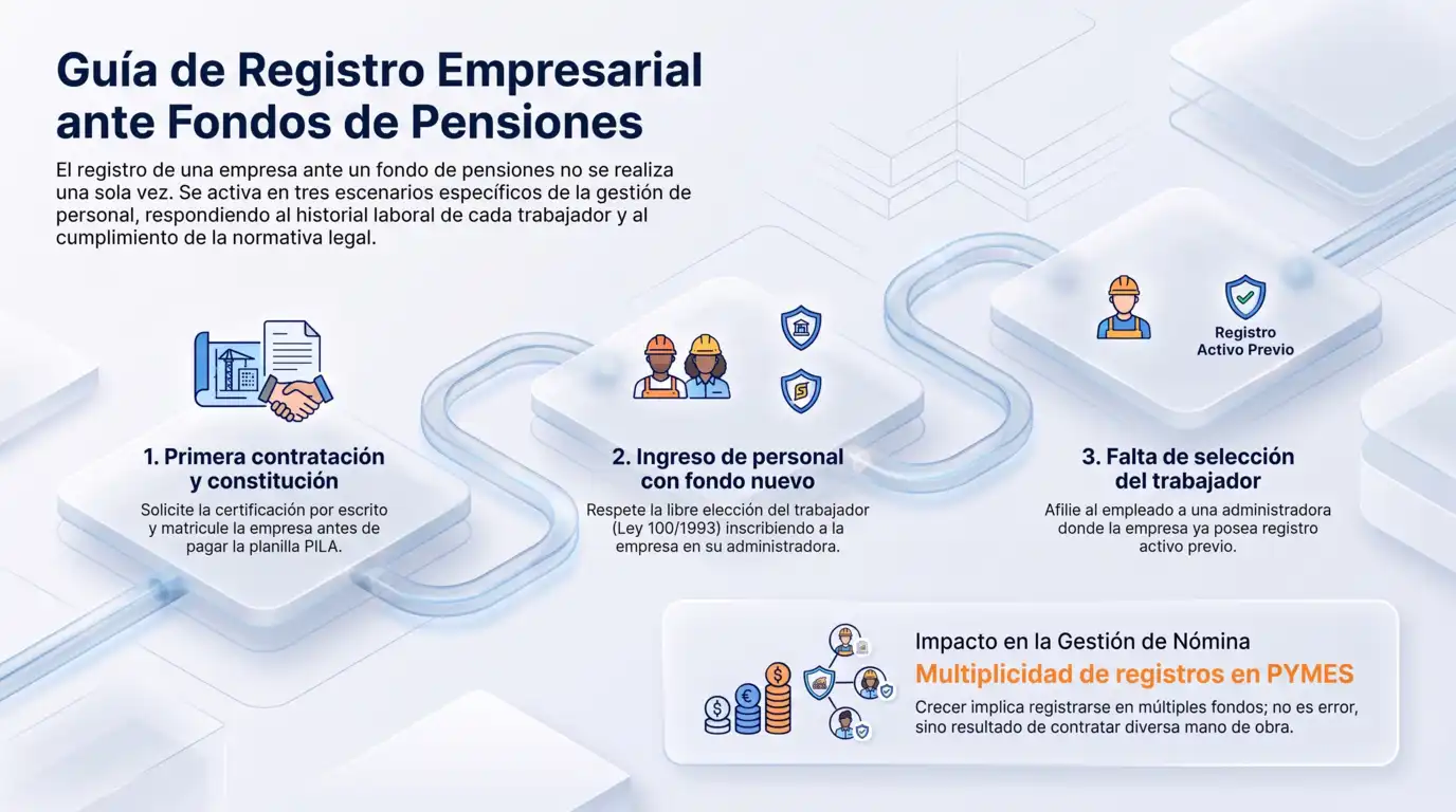 Guía de registro empresarial ante fondos de pensiones que explica los tres escenarios en que una empresa debe registrarse: primera contratación, ingreso de personal con fondo nuevo y falta de selección del trabajador
