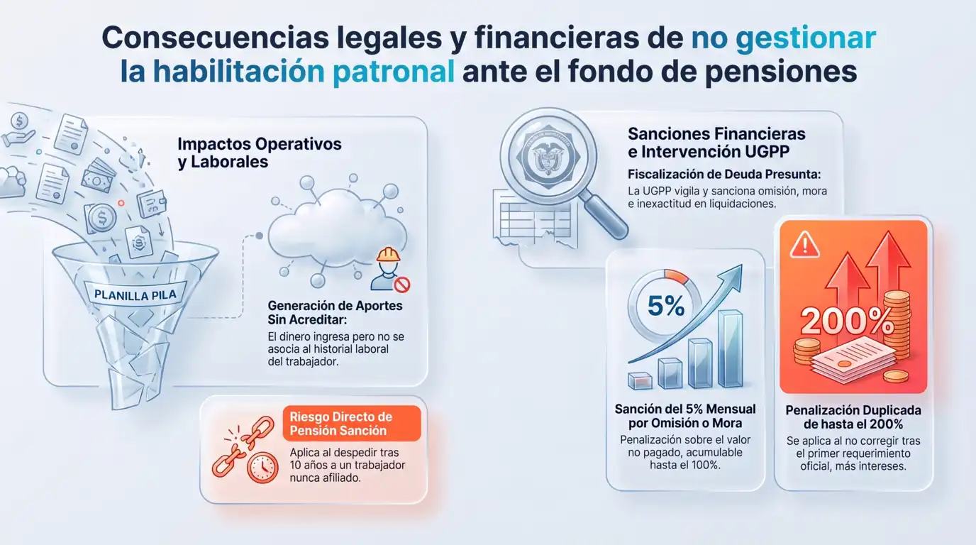 Infografía sobre las consecuencias legales y financieras de no gestionar a tiempo la habilitación patronal ante un fondo de pensiones, incluyendo sanciones de la UGPP y multas por mora u omisión