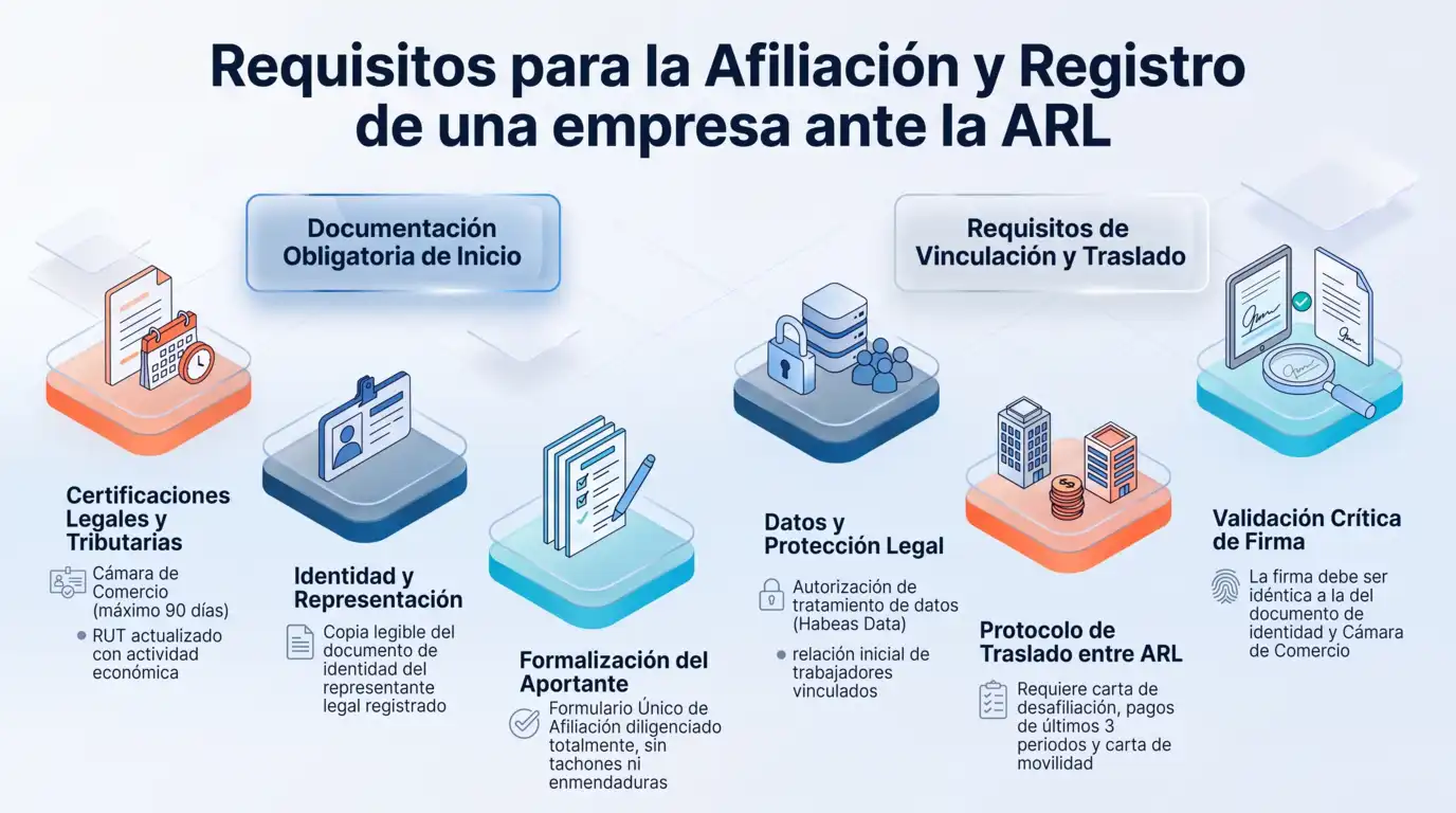 Infografía con los requisitos para la afiliación y registro de una empresa ante la ARL en Colombia, incluyendo documentación legal, formulario de afiliación y protocolo de traslado.