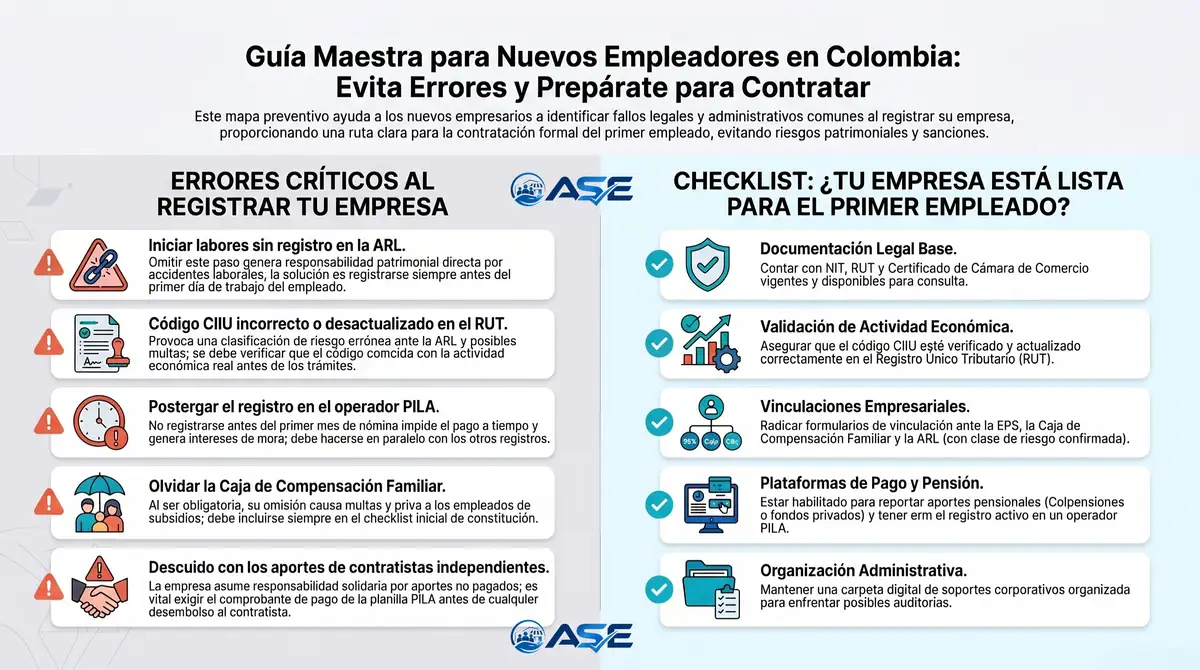 Guia errores criticos evitar al contratar primer empleado Colombia checklist legal afiliacion empresa seguridad social.