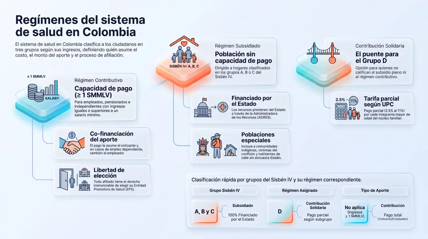Infografía sobre los regímenes del sistema de salud en Colombia, comparando el régimen contributivo, el subsidiado y la contribución solidaria según la clasificación del Sisbén IV.