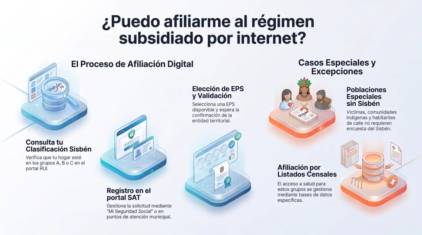 Proceso de afiliación al régimen subsidiado por internet en Colombia, mostrando la consulta del Sisbén, el registro en el portal y los casos especiales.