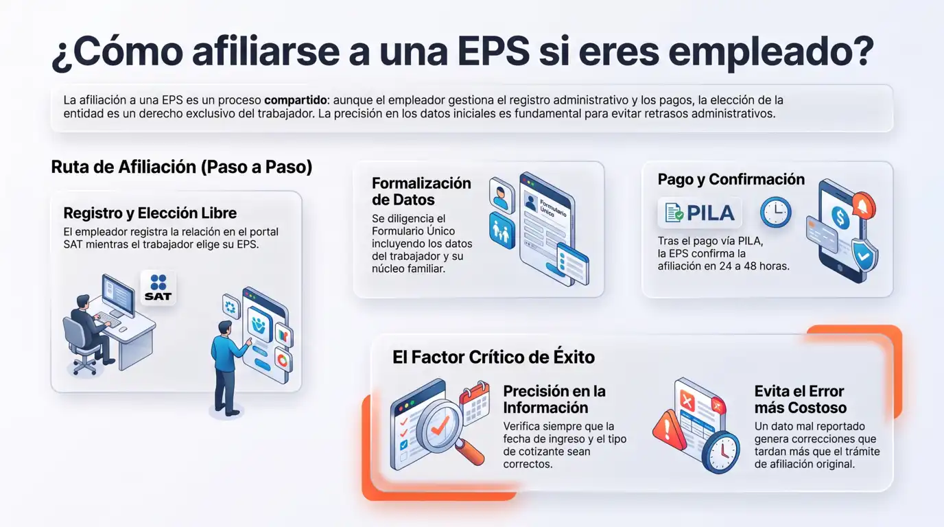 Guía sobre cómo afiliarse a una EPS si eres empleado en Colombia, mostrando la ruta de registro, la formalización de datos y el pago mediante PILA.