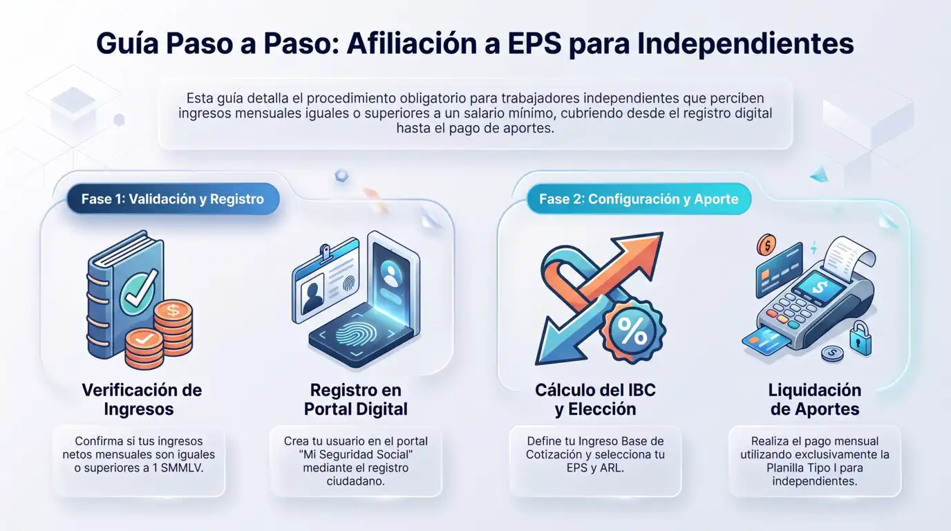 Guía paso a paso para la afiliación a EPS de trabajadores independientes en Colombia, con las fases de validación, registro, cálculo del IBC y liquidación de aportes.
