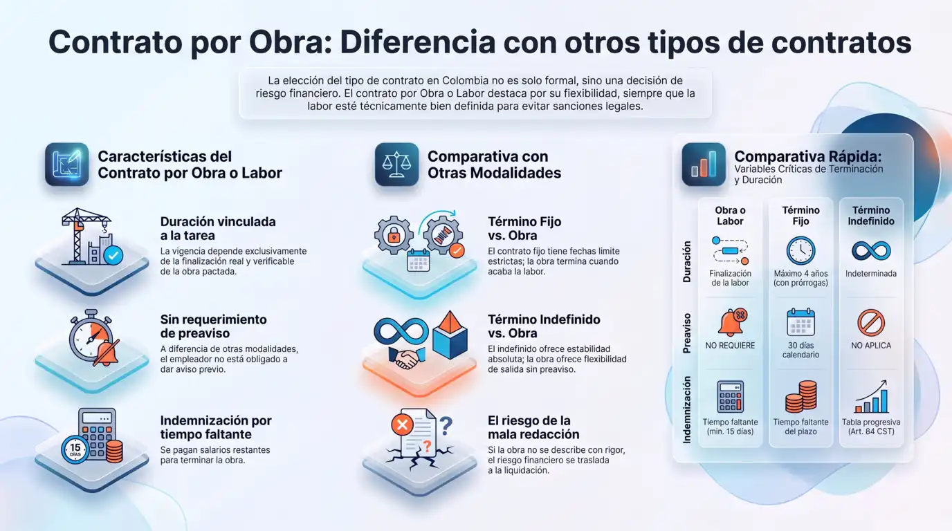 Infografía comparativa entre el contrato por obra o labor y los contratos a término fijo e indefinido en Colombia, mostrando diferencias en duración, preaviso e indemnización.