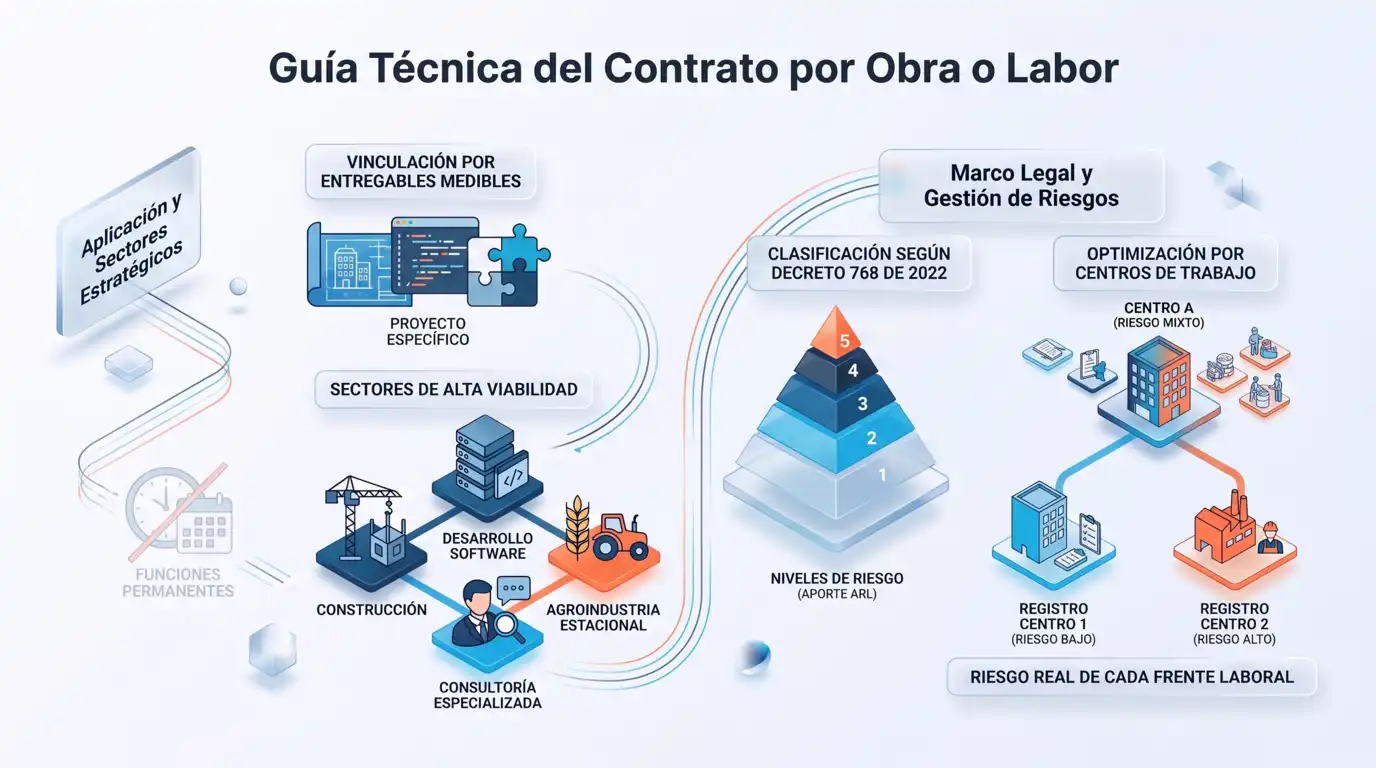 Infografía técnica del contrato por obra o labor mostrando sectores estratégicos de aplicación, niveles de riesgo según el Decreto 768 de 2022 y clasificación por centros de trabajo.