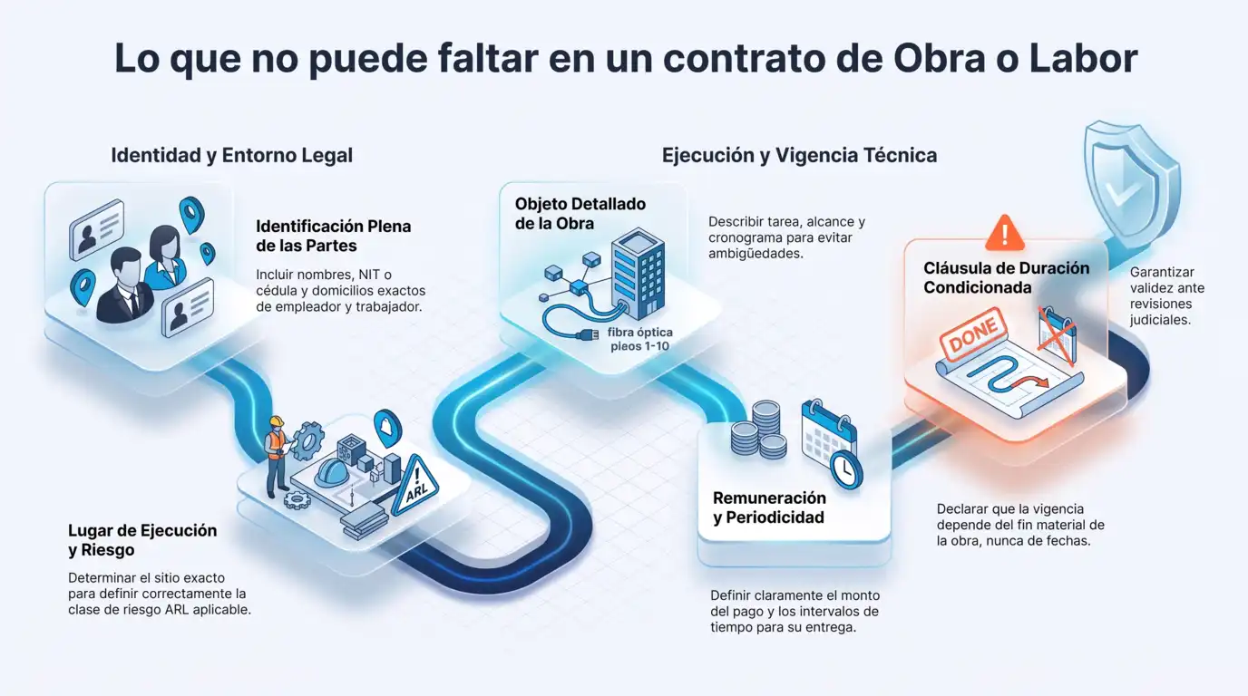 Infografía con los elementos esenciales que debe tener un contrato por obra o labor en Colombia, como identificación de las partes, objeto de la obra, remuneración y duración condicionada.