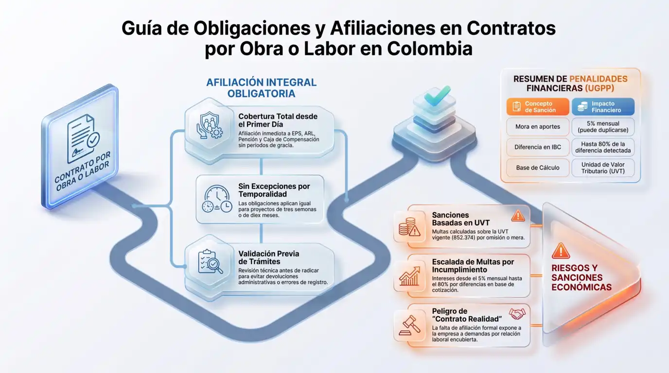 Infografía sobre las obligaciones y afiliaciones en contratos por obra o labor en Colombia, incluyendo EPS, ARL, pensión y caja de compensación, junto con las sanciones económicas por incumplimiento.