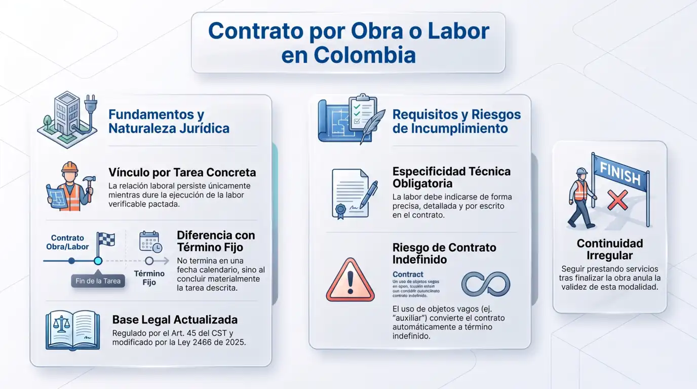 Infografía explicativa sobre qué es el contrato por obra o labor en Colombia, sus fundamentos jurídicos, diferencias con el contrato a término fijo y los riesgos de incumplimiento.