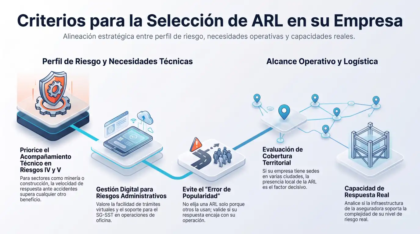 Criterios para la selección de ARL en su empresa, alineación entre perfil de riesgo, gestión digital, cobertura territorial y capacidad de respuesta real de la aseguradora