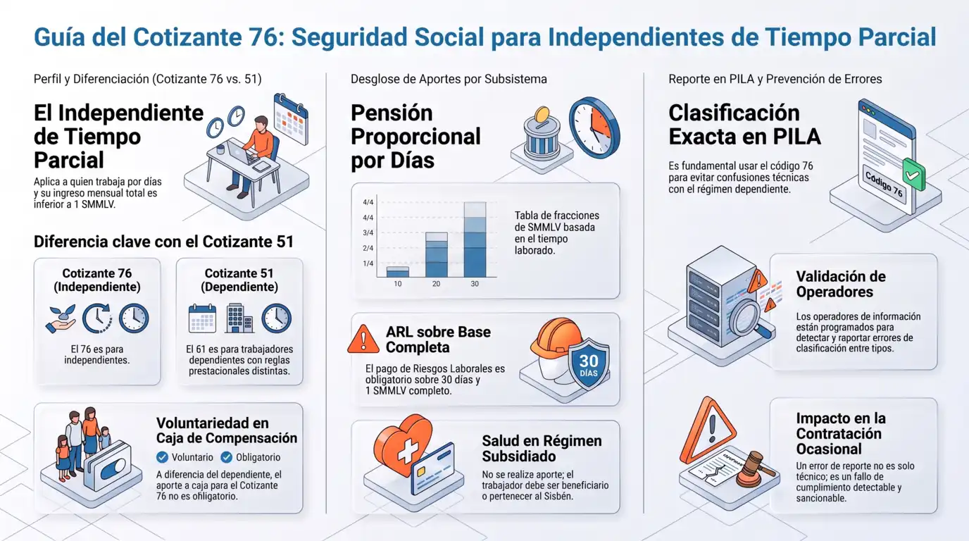 Guía visual del cotizante 76 en Colombia, mostrando cuándo se debe pagar la seguridad social para independientes de tiempo parcial y la diferencia con el cotizante 51.