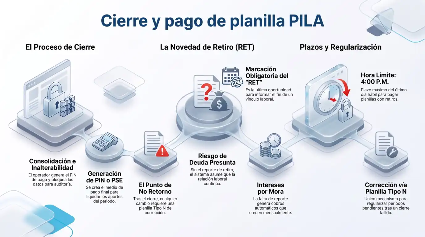 Infografía sobre el cierre y pago de la planilla PILA en Colombia, explicando cuándo se debe pagar la seguridad social, la novedad de retiro RET, el punto de no retorno y los plazos de regularización.