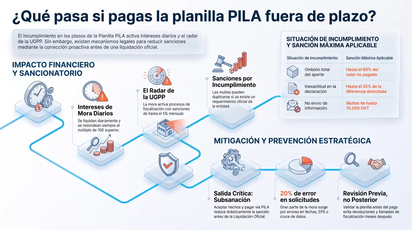 Infografía que explica qué pasa si pagas la planilla PILA fuera de plazo en Colombia y cuándo se debe pagar la seguridad social para evitar intereses y sanciones.
