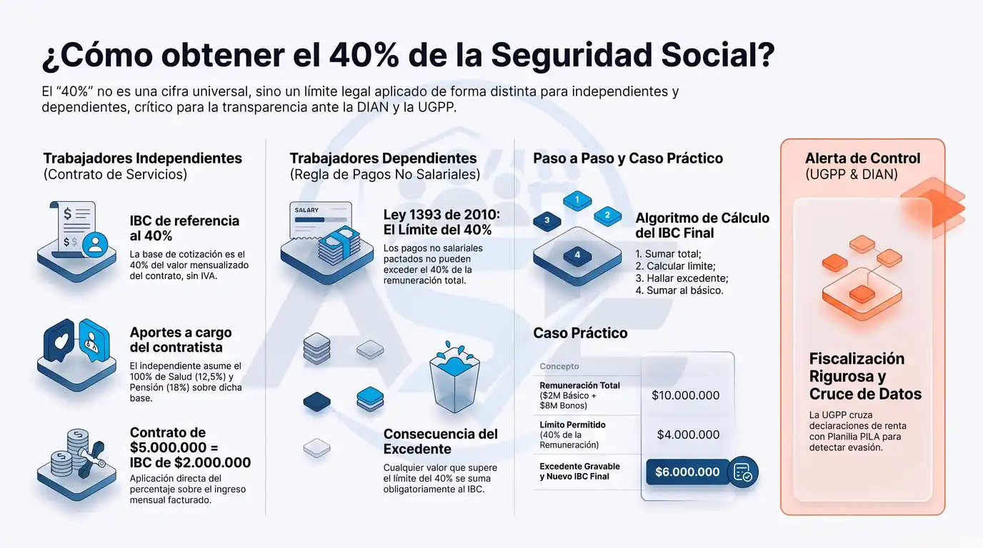 Infografía sobre el cálculo del 40 % para seguridad social en Colombia, el IBC y las reglas que debe conocer el empleador y el trabajador independiente.