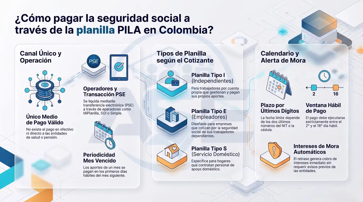 Infografía sobre cómo el empleador paga la seguridad social mediante la planilla PILA en Colombia, los tipos de planilla y los plazos de pago.
