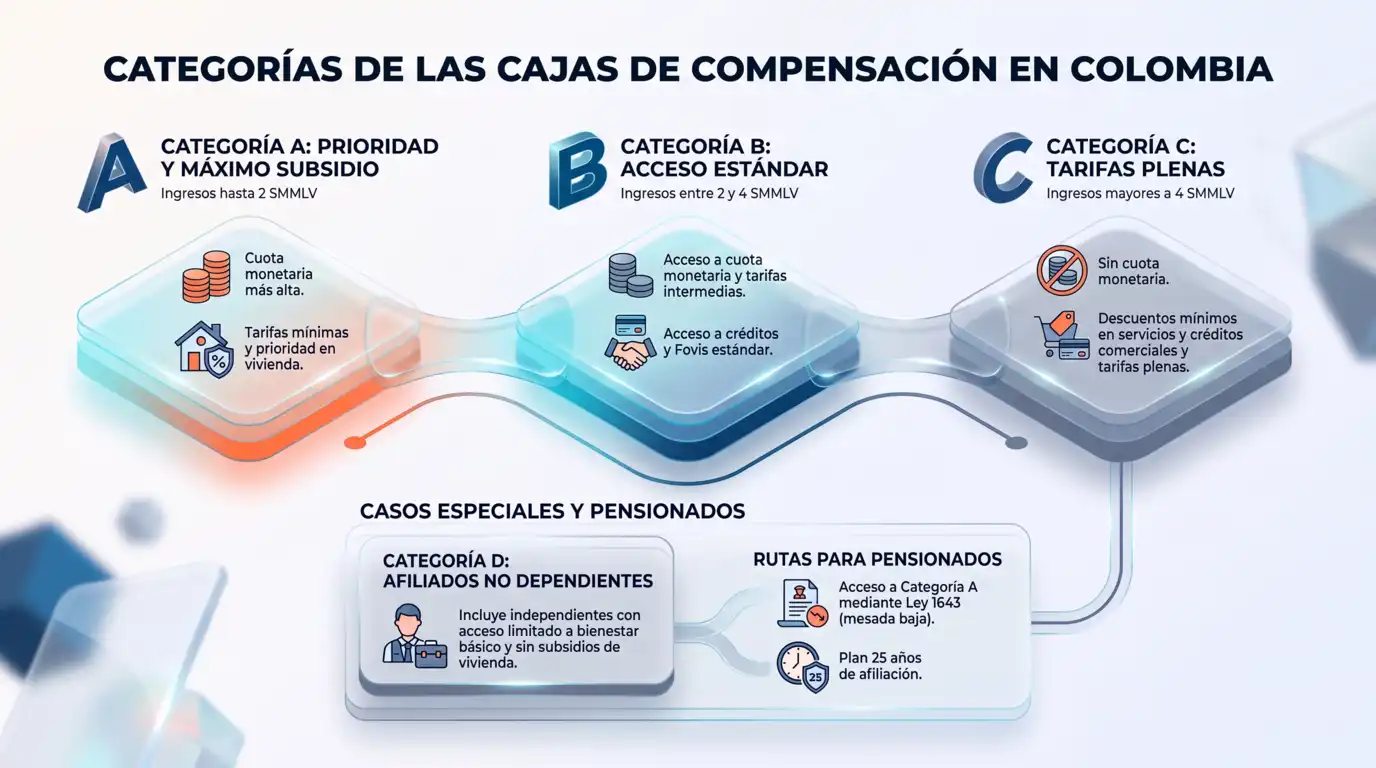 Esquema de las categorías A, B, C y D de las cajas de compensación en Colombia según el nivel de ingresos, con las rutas de afiliación disponibles para pensionados.