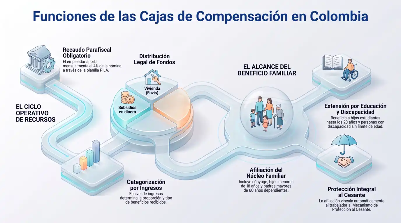 Diagrama de las funciones de las cajas de compensación en Colombia: recaudo parafiscal, distribución de fondos, categorización por ingresos y alcance del beneficio para el núcleo familiar.