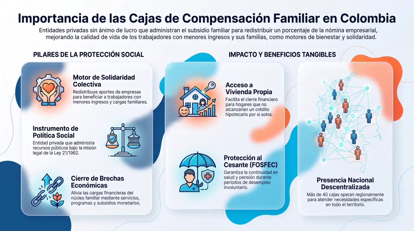 Infografía sobre la importancia de las cajas de compensación familiar en Colombia, destacando su papel en la solidaridad social, el acceso a vivienda propia y la protección al cesante.