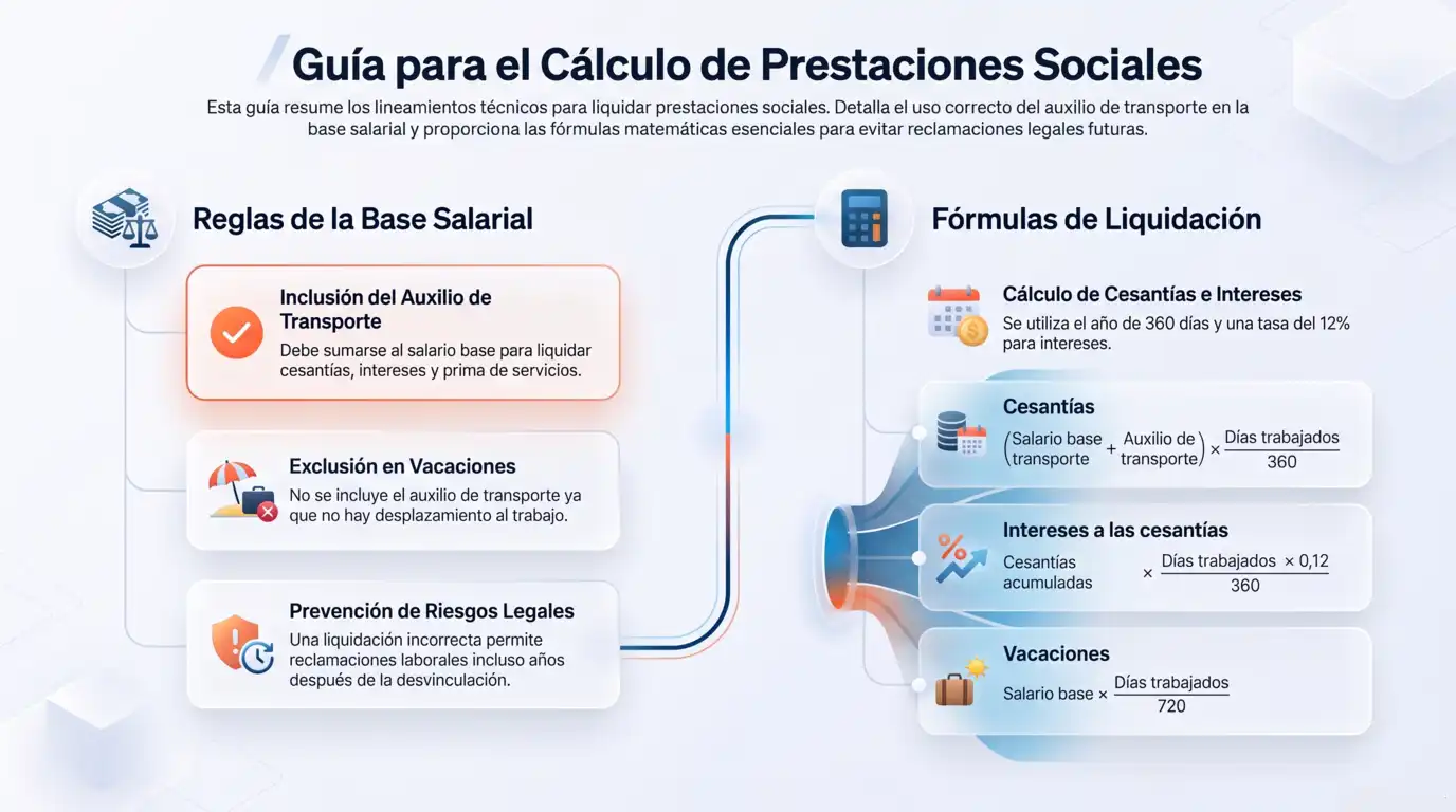Infografía con las fórmulas para calcular cesantías, intereses y vacaciones incluyendo el auxilio de transporte, útil para saber cuál es la mejor caja de compensación en la liquidación laboral.