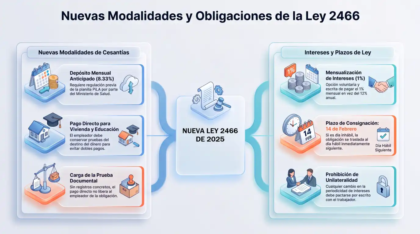 Esquema de las nuevas modalidades y obligaciones de la Ley 2466 de 2025 sobre cesantías, plazos e intereses, que ayuda a entender cuál es la mejor caja de compensación para cumplir la norma.
