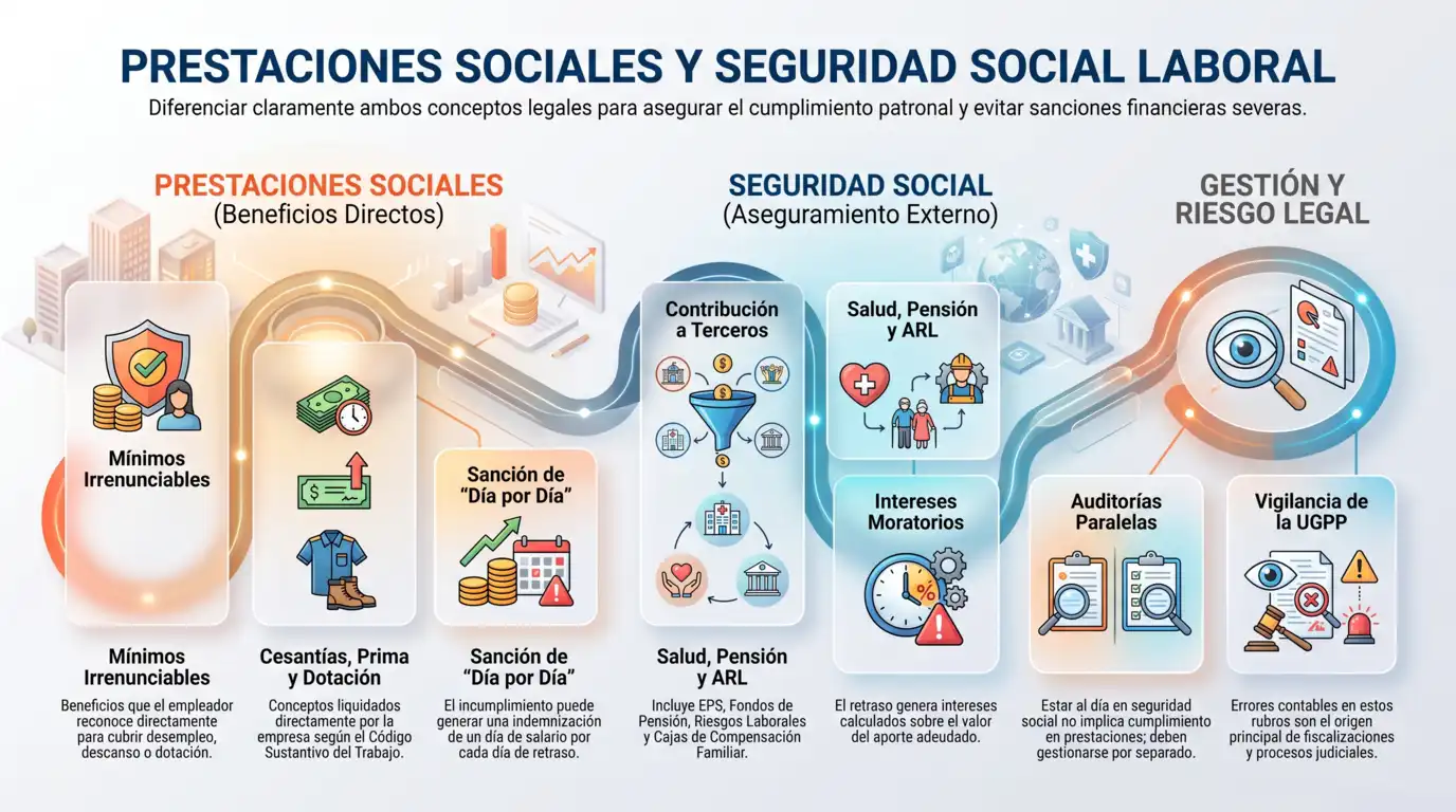 Diagrama que diferencia las prestaciones sociales de la seguridad social laboral, con riesgos legales y sanciones, útil para identificar cuál es la mejor caja de compensación.