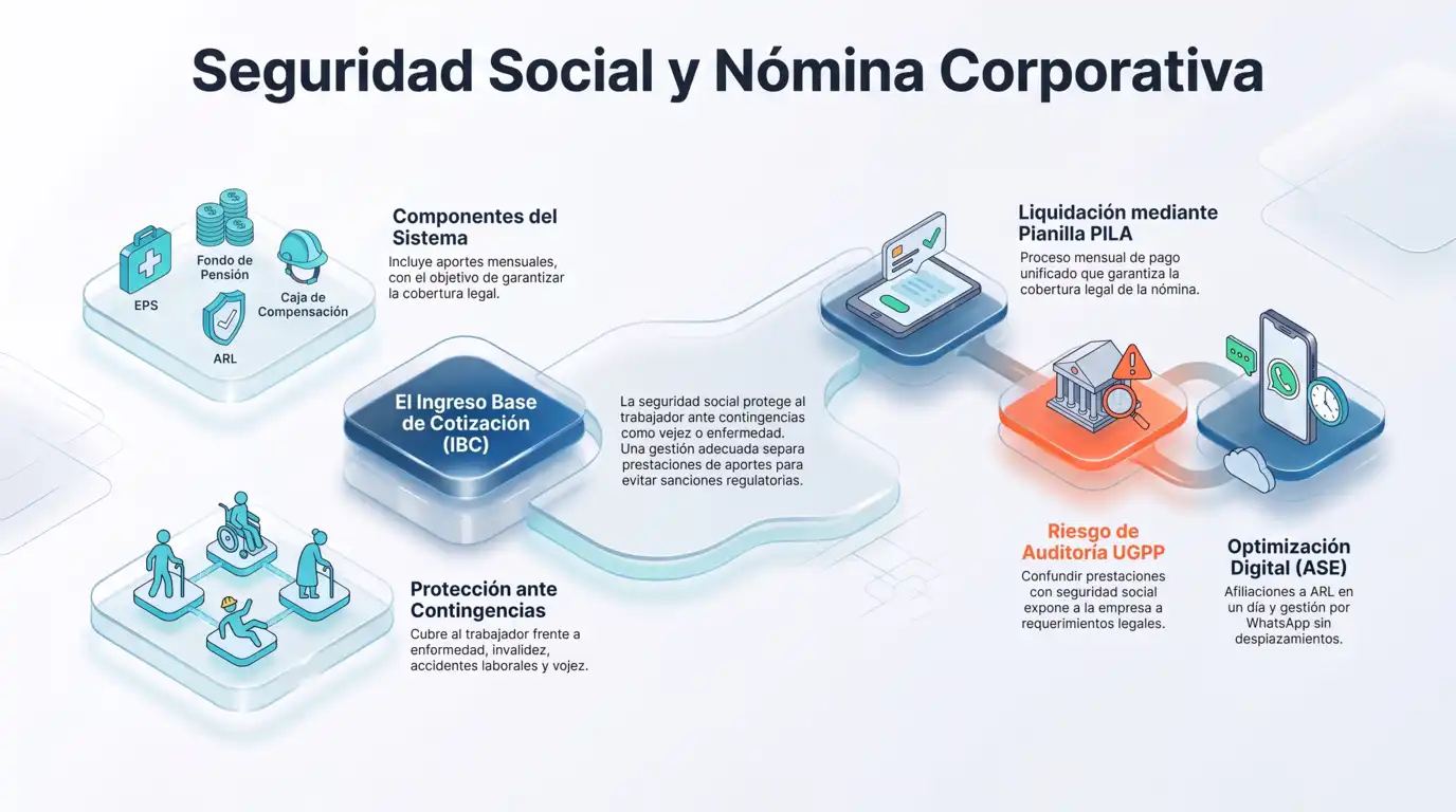 Infografía sobre seguridad social y nómina corporativa que muestra EPS, fondo de pensión, ARL y caja de compensación, clave para saber cuál es la mejor caja de compensación para tu empresa.