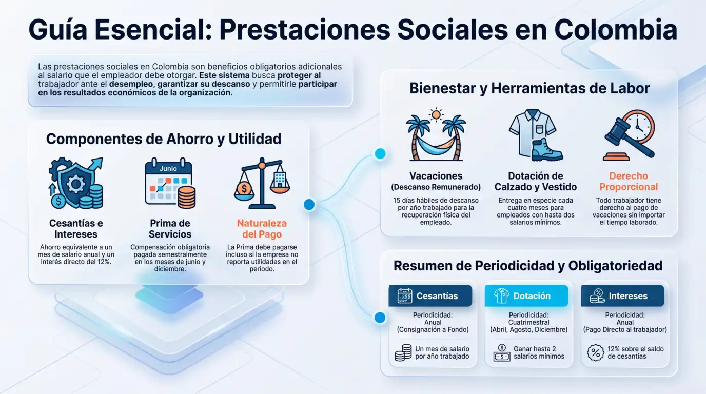 Guía esencial con los tipos de prestaciones sociales en Colombia, cesantías, prima, vacaciones y dotación, que también orienta sobre cuál es la mejor caja de compensación.