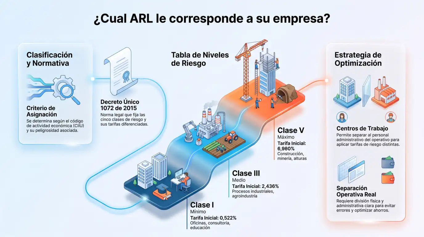 Infografía que muestra cómo se determina la ARL correspondiente a una empresa según su clase de riesgo, con la tabla de niveles I a V y sus tarifas iniciales.