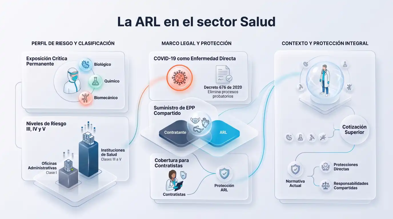 Infografía que explica la ARL en el sector salud, con la clasificación de riesgo biológico, químico y biomecánico, los niveles de riesgo y el marco legal de protección para médicos y contratistas.