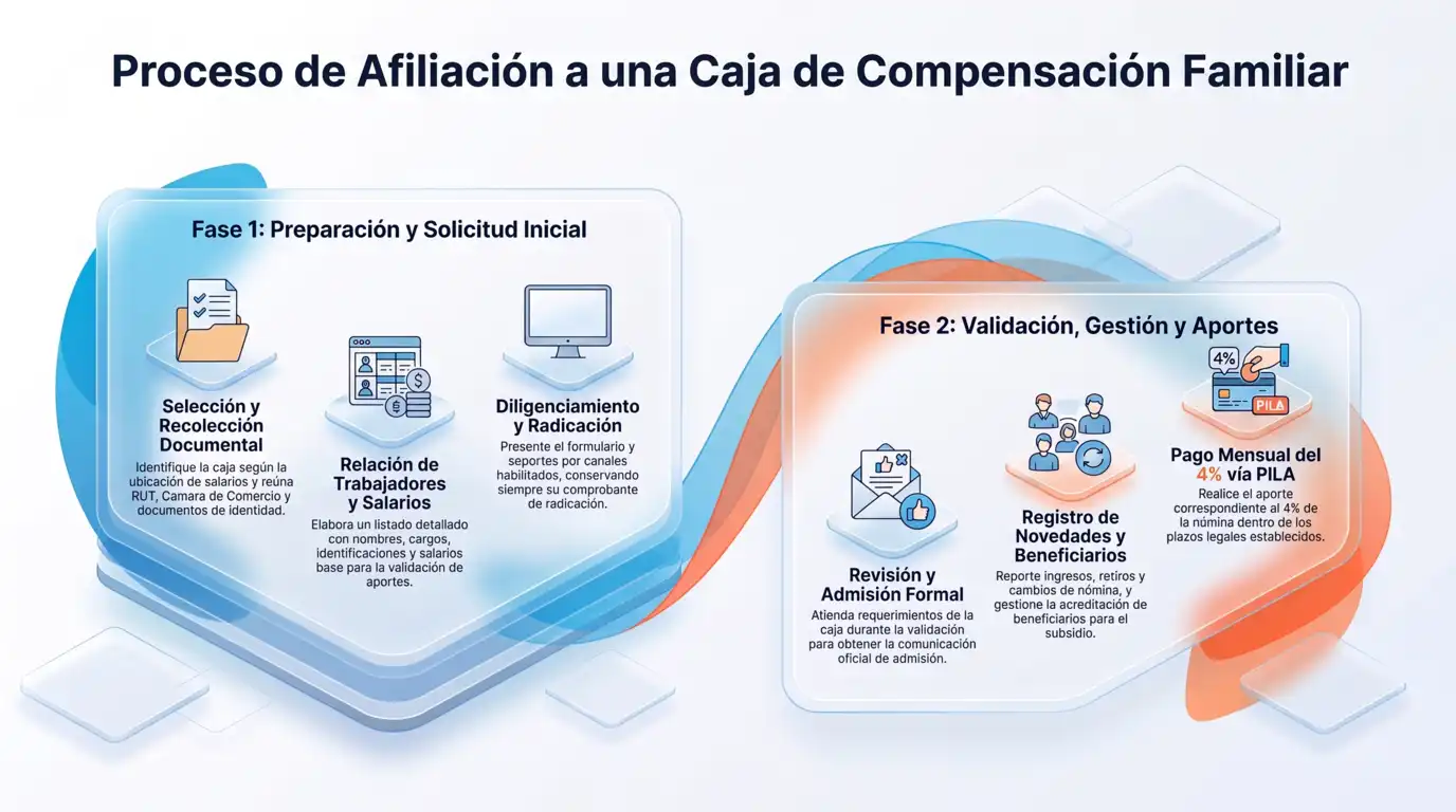 Infografía con el proceso de afiliación a una caja de compensación familiar en Colombia dividido en dos fases: preparación y solicitud inicial, y validación, gestión y pago mensual del aporte del 4% vía PILA.