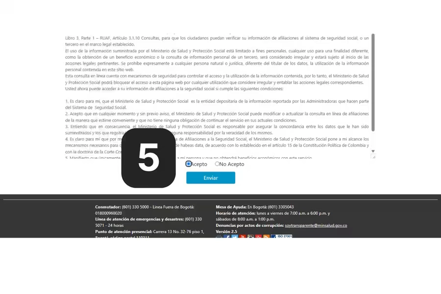 Pantalla de aceptación de términos y condiciones del RUAF para consultar el fondo de pensiones de una persona