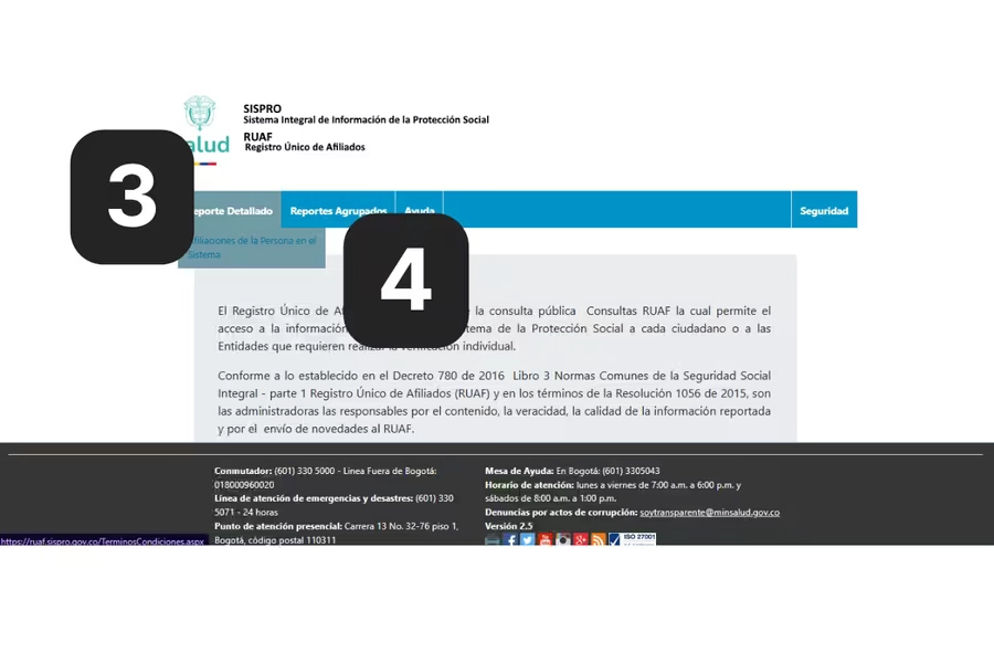Menú del RUAF mostrando la ruta Reporte Detallado y Afiliaciones de la Persona en el Sistema para consultar el fondo de pensiones