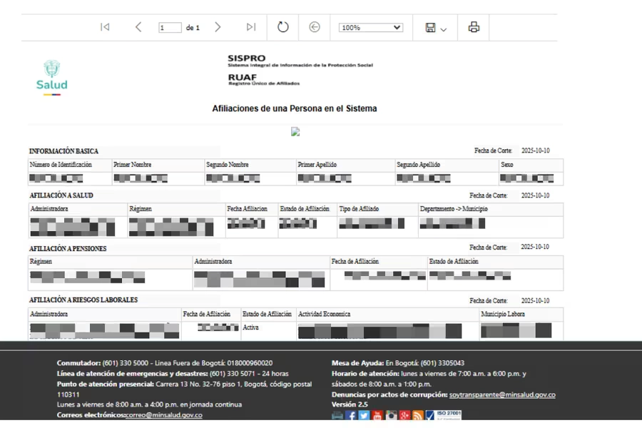Segunda pantalla del reporte RUAF con el detalle completo del fondo de pensiones de la persona: nombre, estado activo y fecha de afiliación