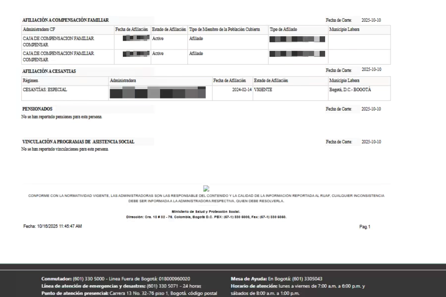 Tercera página del reporte RUAF con secciones adicionales de Compensación Familiar, Cesantías y Asistencia Social de la persona consultada