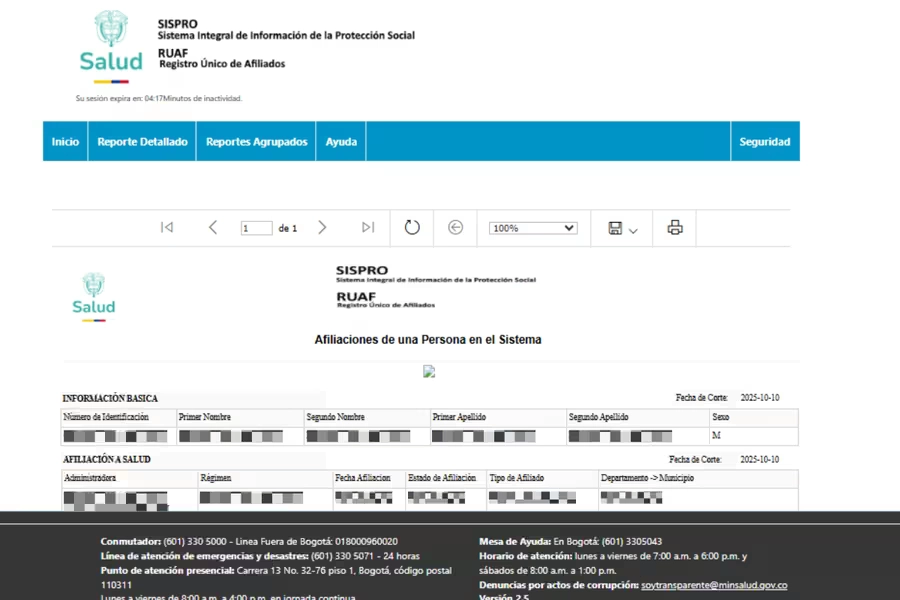 Resultado de la consulta en el RUAF mostrando el fondo de pensiones de la persona con estado activo y nombre de la administradora
