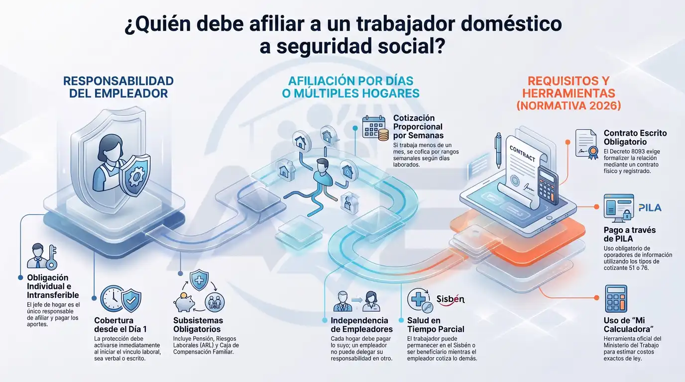 Infografía guía completa sobre la seguridad social para trabajadores domésticos en Colombia, que explica al empleador cómo afiliar a través de la plataforma PILA a salud EPS, pensión, riesgos laborales ARL y caja de compensación, cumpliendo la normativa vigente.