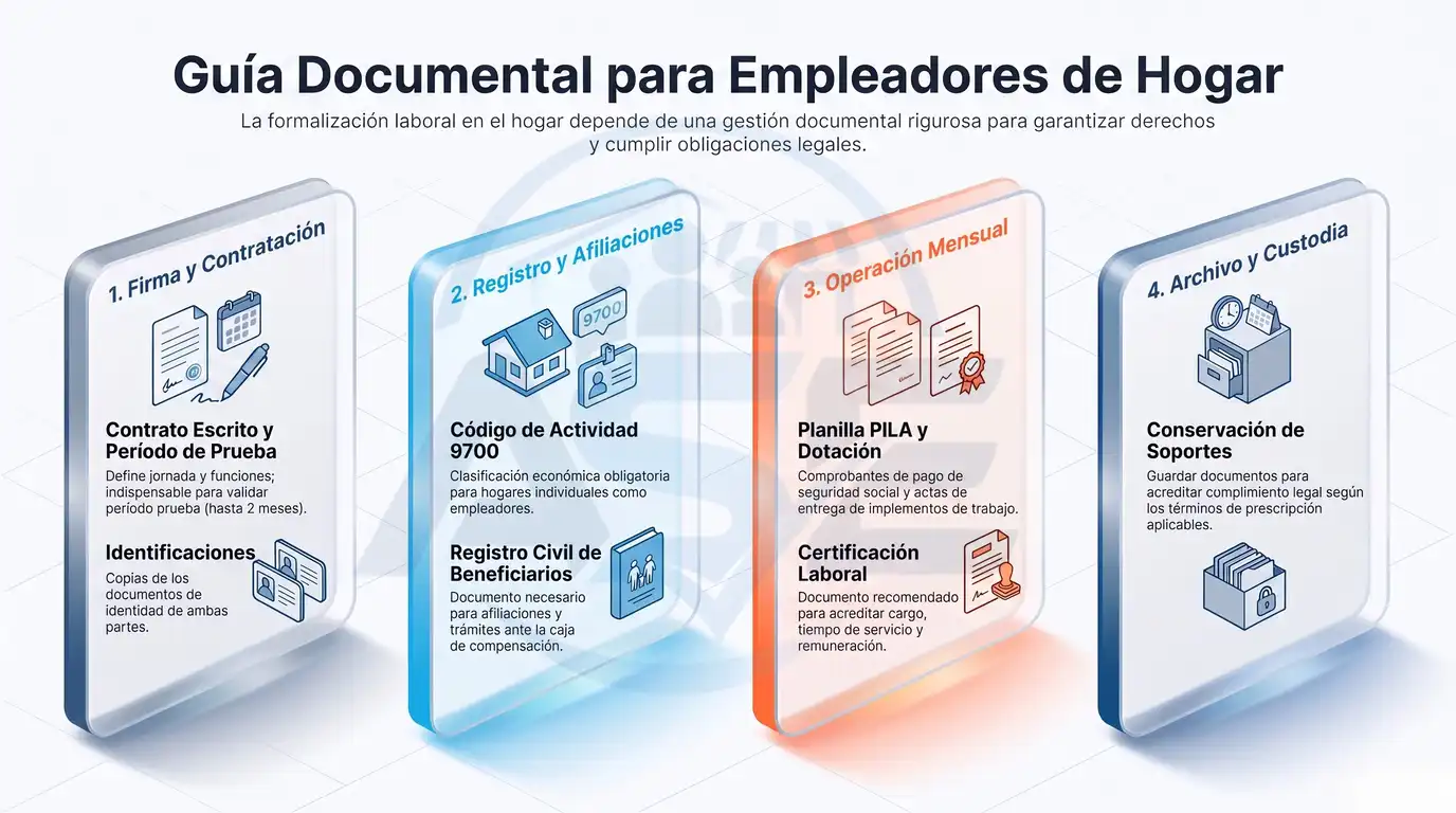 Infografía que presenta la guía documental para empleadores de hogar en Colombia, con las cuatro etapas clave: firma y contratación, registro y afiliaciones, operación mensual con planilla PILA y dotación, y archivo y custodia de los soportes legales.