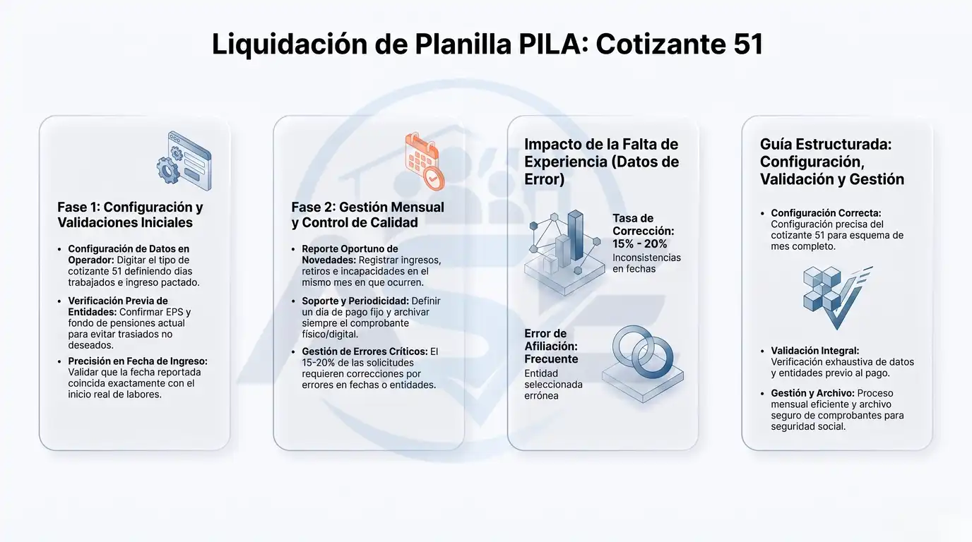 Infografía sobre la liquidación de la planilla PILA para el cotizante 51, con las fases de configuración y validación inicial, la gestión mensual y control de calidad, los errores más frecuentes en fechas y afiliación, y una guía estructurada para la correcta gestión del pago.