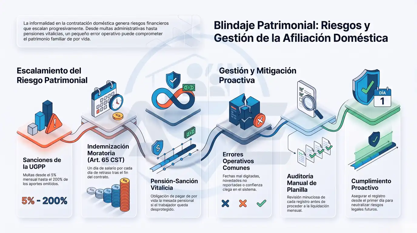 Infografía sobre los riesgos y consecuencias legales para el empleador que no afilia a su trabajador doméstico a la seguridad social, incluyendo sanciones de la UGPP, indemnización moratoria y pensión sanción, además de estrategias de auditoría y cumplimiento proactivo.