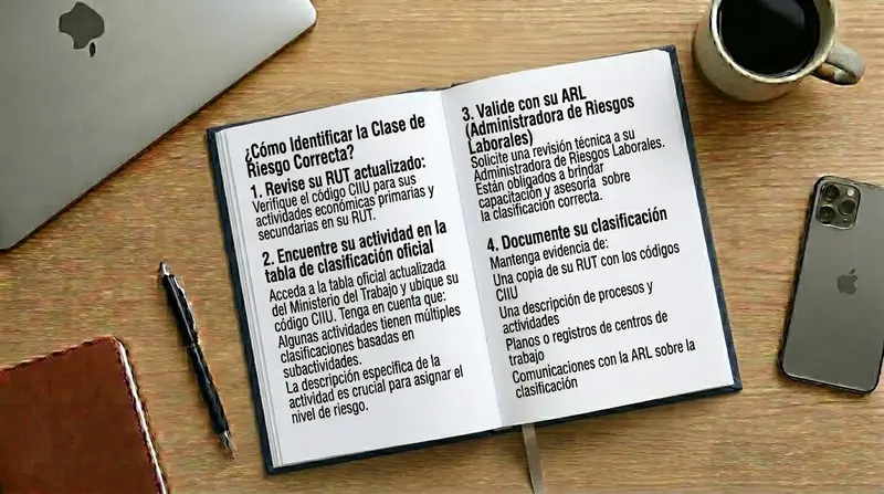 Libro azul marino con el logo de ASE y el texto Como se determina la clase de riesgo en una empresa en Colombia, sobre un escritorio de madera con laptop, celular, cuaderno y taza de cafe